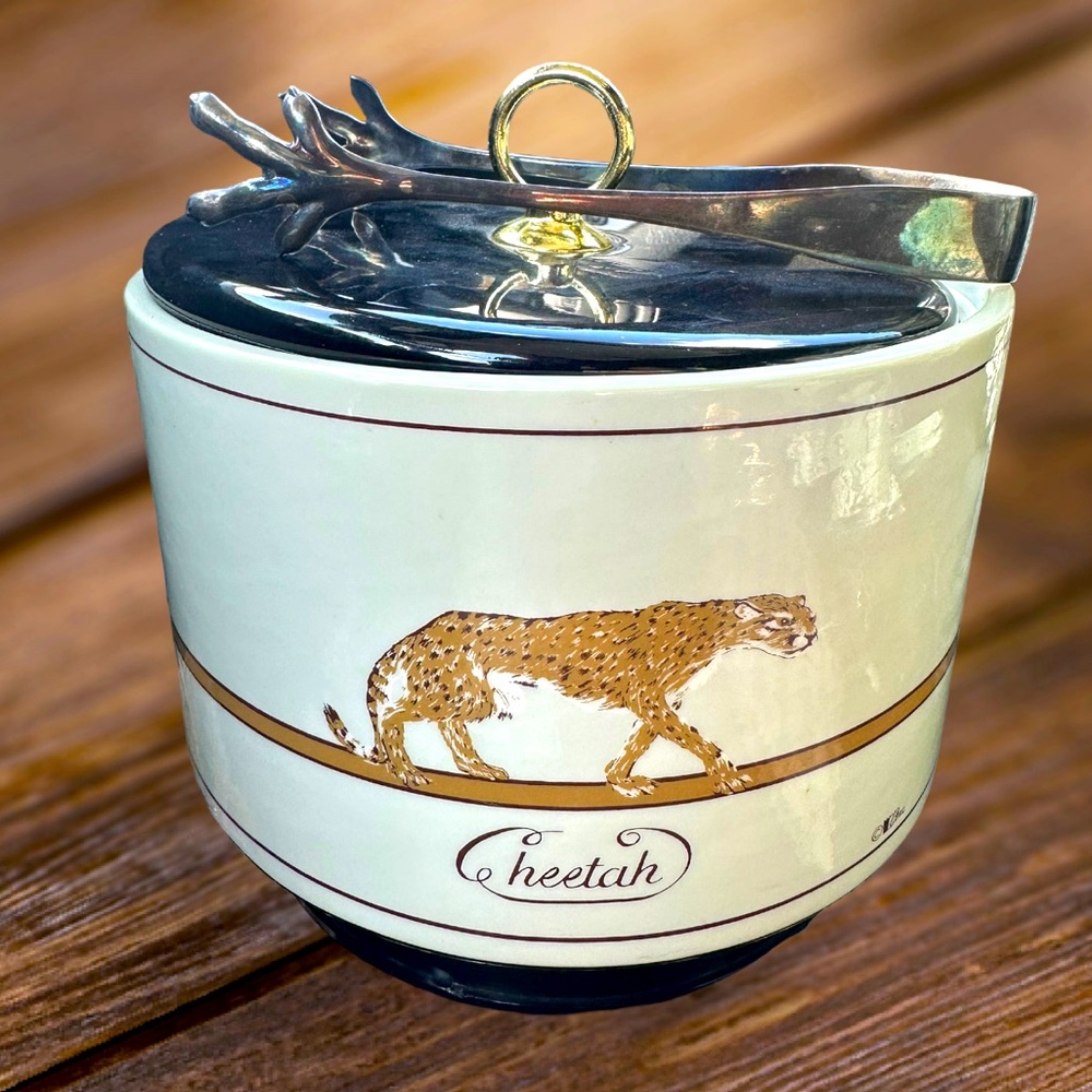 Cera Ice Bucket w/ Lid and Tongs Safari Animals Cheetah Rhino Vinyage MCM